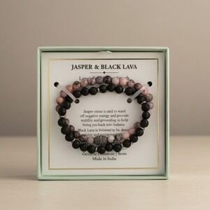 Shivam Jasper & Black Lava Genuine Gemstone Bracelet Set - Brass - NIB